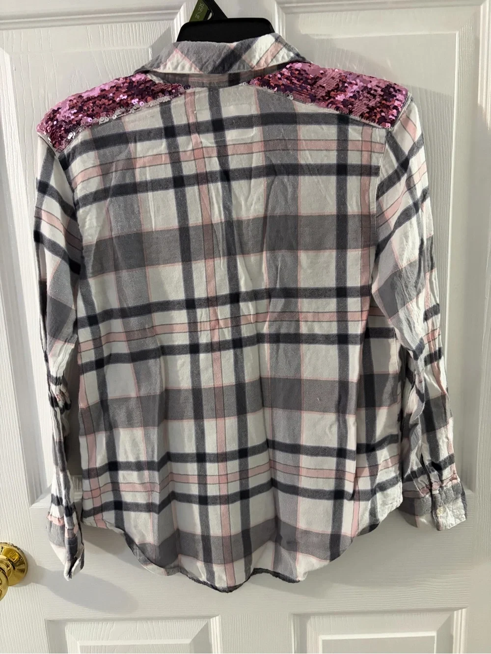 Justice Girls Gray and Pink Plaid Button-Up Shirt with Pink Sequin Shoulders